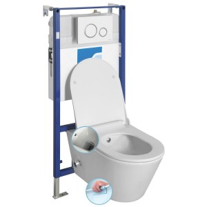 AVVA CLEANWASH WC wiszące Rimless prysznic bidetowy, zintegrowana bateria, stelaż podtynkowy z przyciskiem Schwab, biały