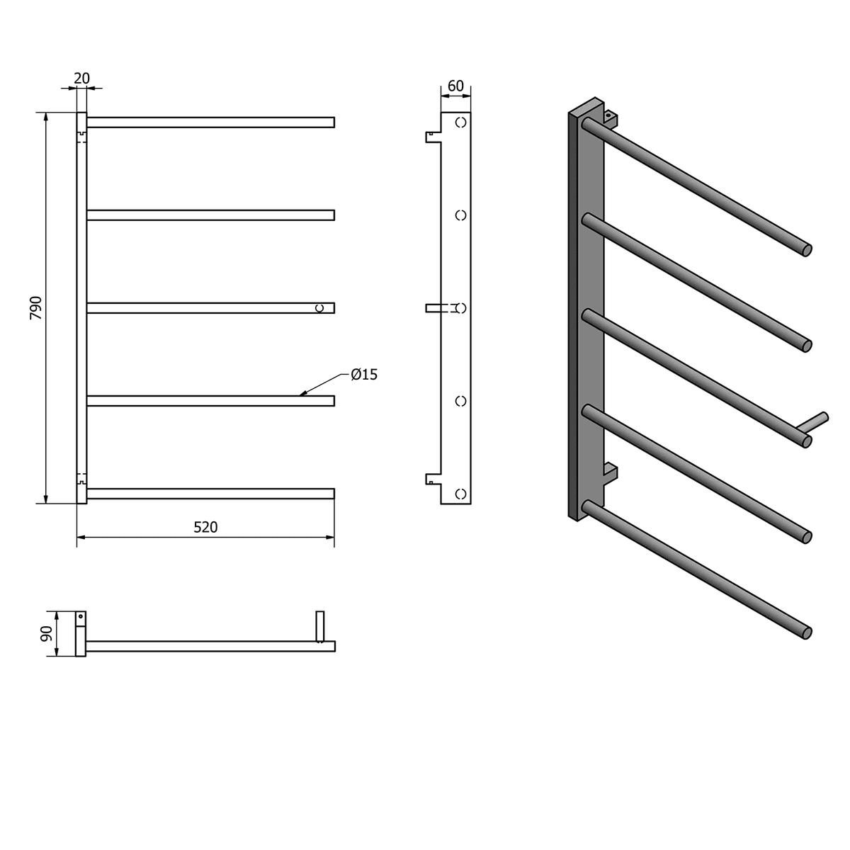 SLICE wieszak na ręczniki, stalowy czarny mat 520x790mm