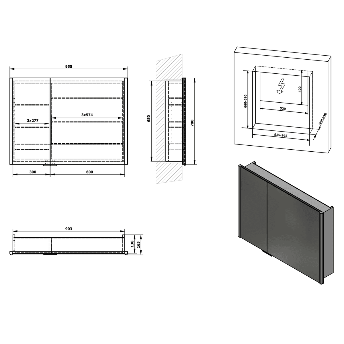 INTEGRA szafka lustrzana z LED 95x70 cm do zabudowy