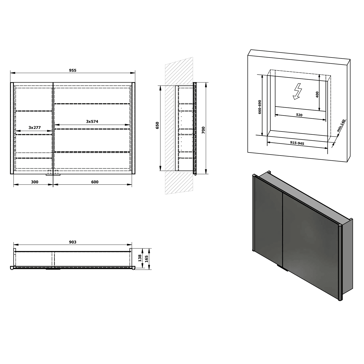 INTEGRA szafka lustrzana z LED 95x70 cm do zabudowy