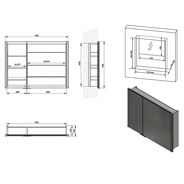 INTEGRA szafka lustrzana z LED 95x70 cm do zabudowy