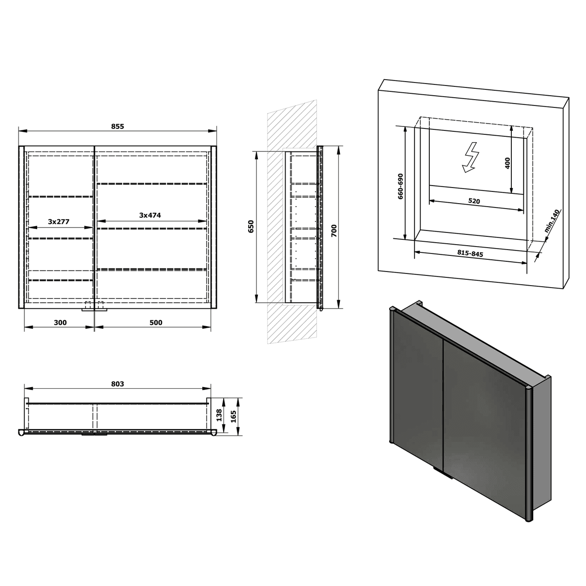 INTEGRA szafka lustrzana LED do zabudowy 85x70cm