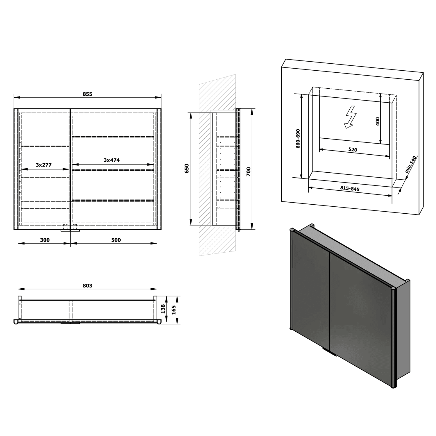 INTEGRA szafka lustrzana LED do zabudowy 85x70cm