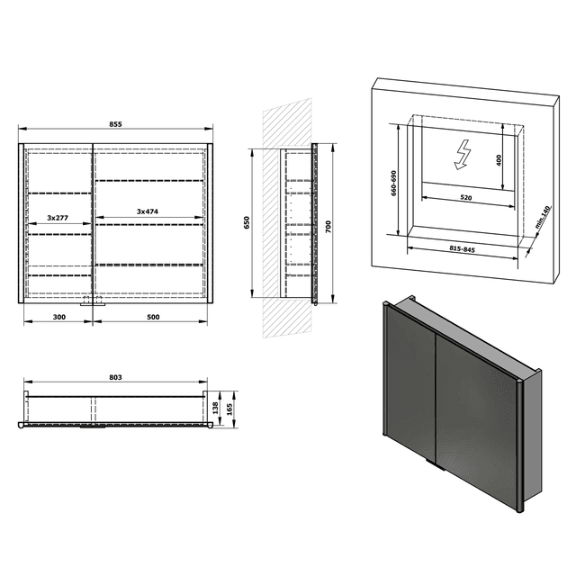 INTEGRA szafka lustrzana LED do zabudowy 85x70cm