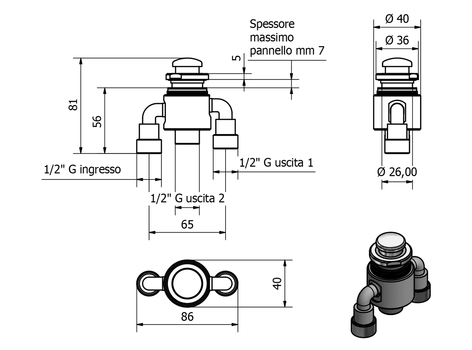 Przełącznik na brzeg wanny, chromowany 40 mm