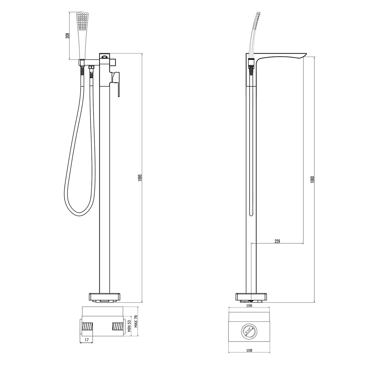 GINKO bateria wannowa podłogowa, chrom, 1095 mm