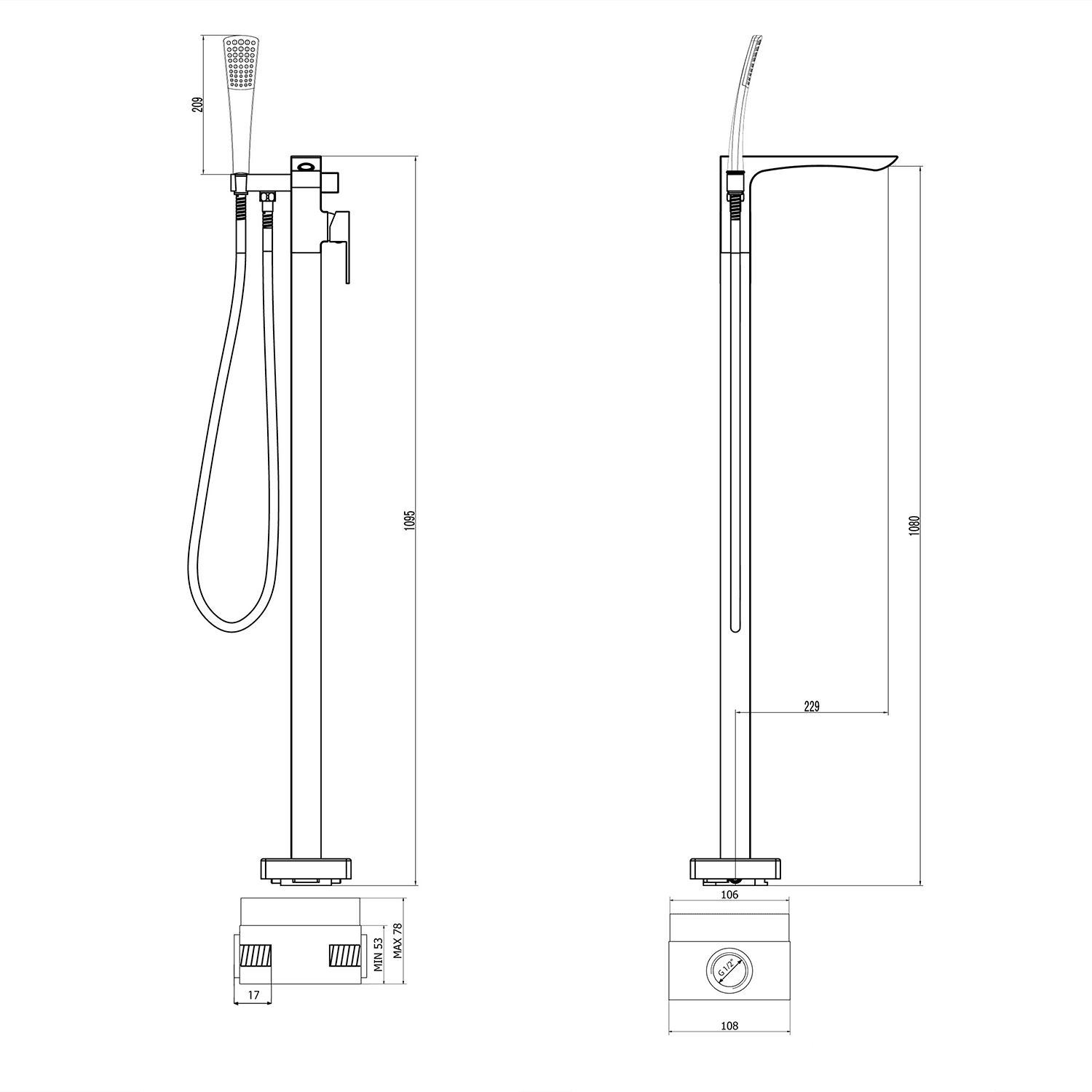 GINKO bateria wannowa podłogowa, chrom, 1095 mm