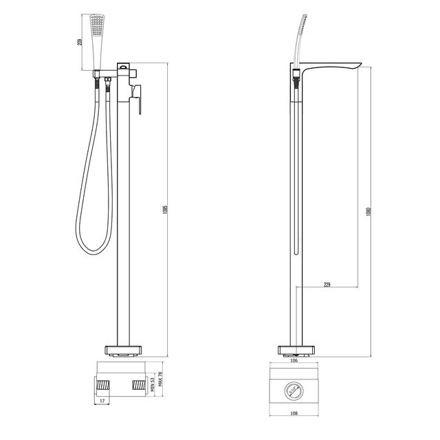 GINKO bateria wannowa podłogowa, chrom, 1095 mm