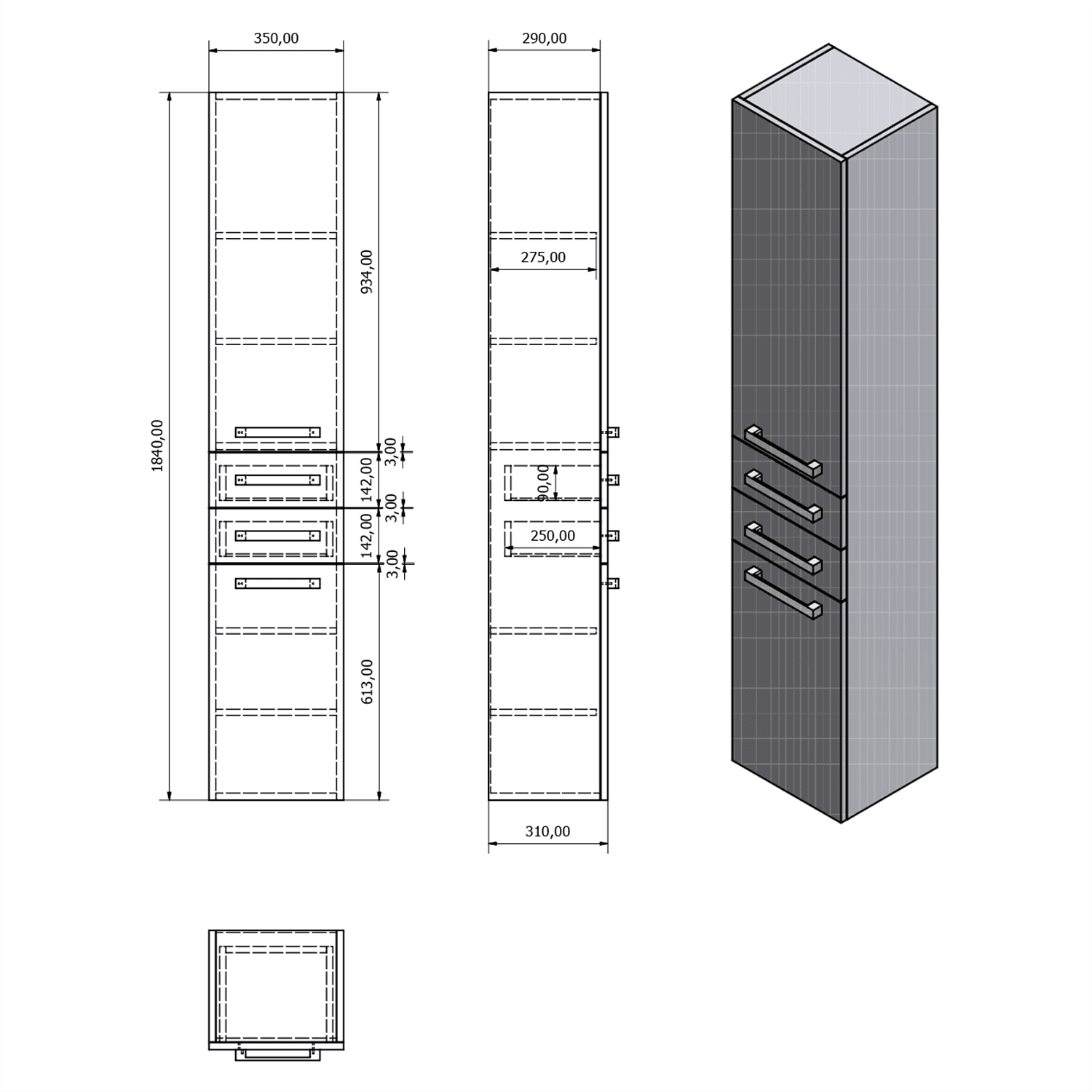 VEGA Szafka wysoka 35x184x31 cm, biała z szufladami