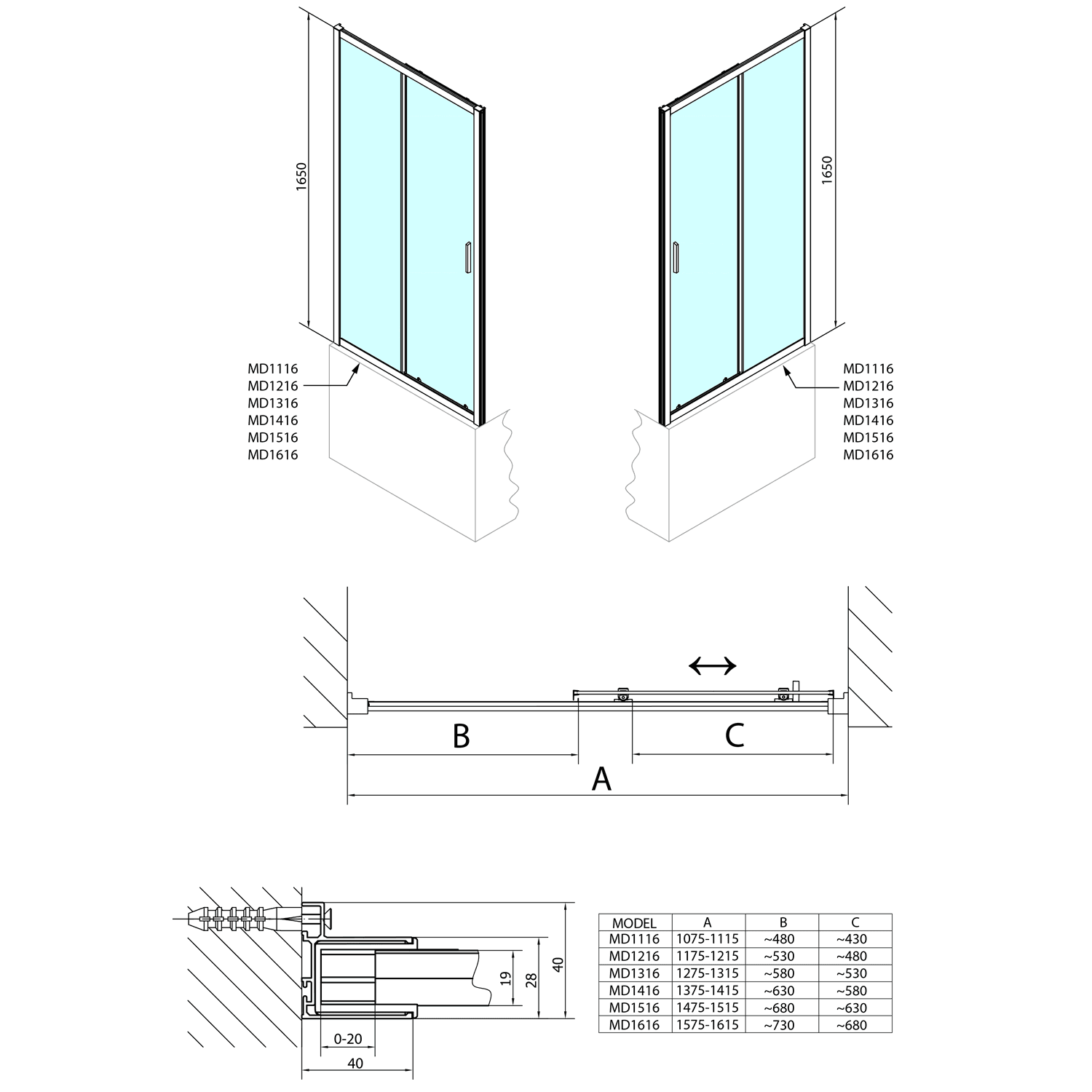 DEEP drzwi prysznicowe 1500x1650 mm, szkło przeszklenie