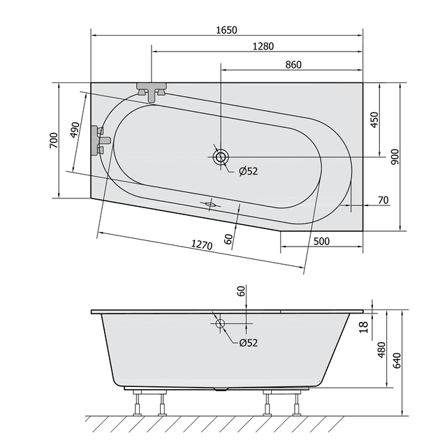 ASTRA WR SLIM wanna asymetryczna 165x90cm biała