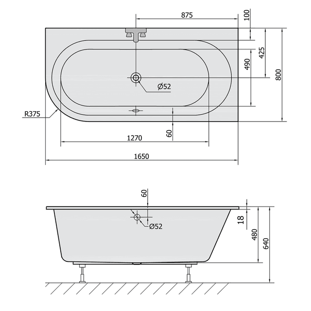 ASTRA R SLIM wanna asymetryczna 165x80cm akryl