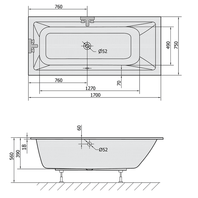 MIMOA SLIM prostokątna wanna akrylowa 170x75cm