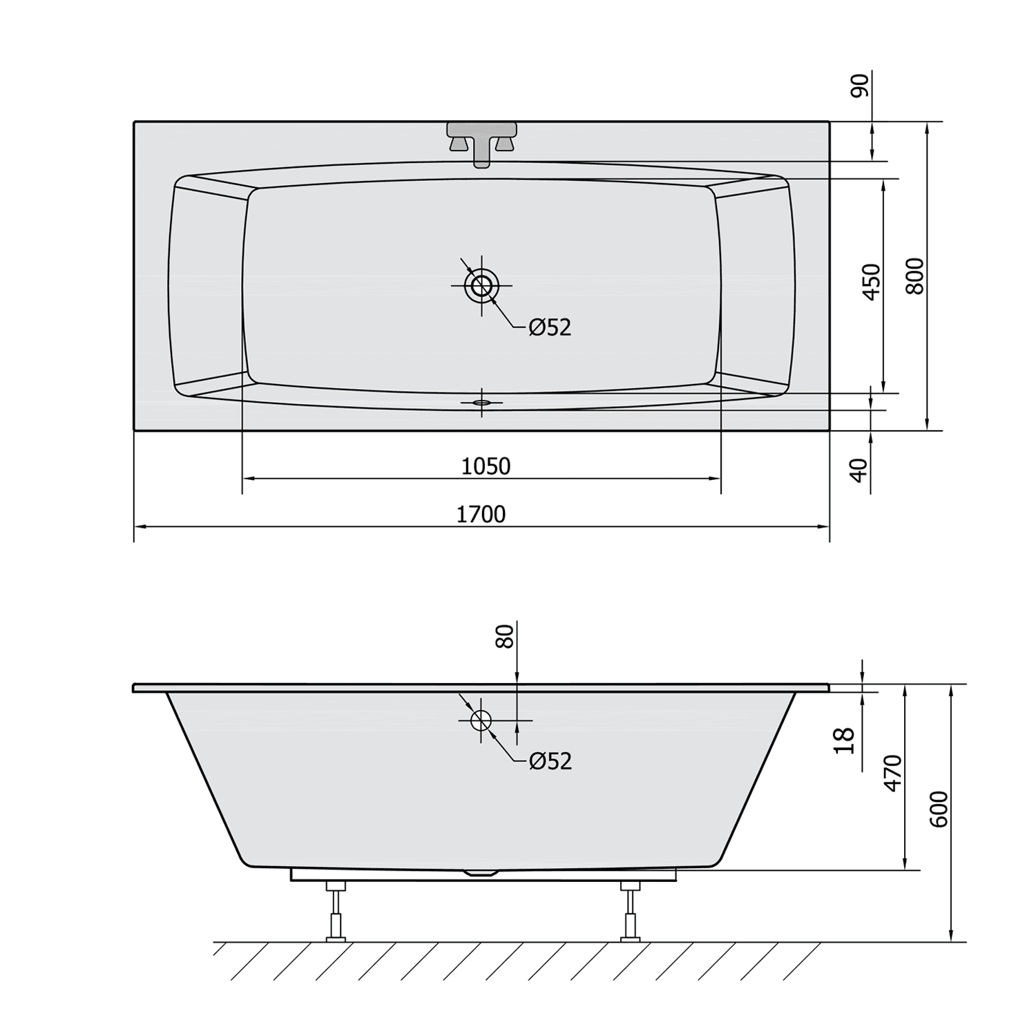 KVADRA SLIM wanna prostokątna 170x80cm (biała)