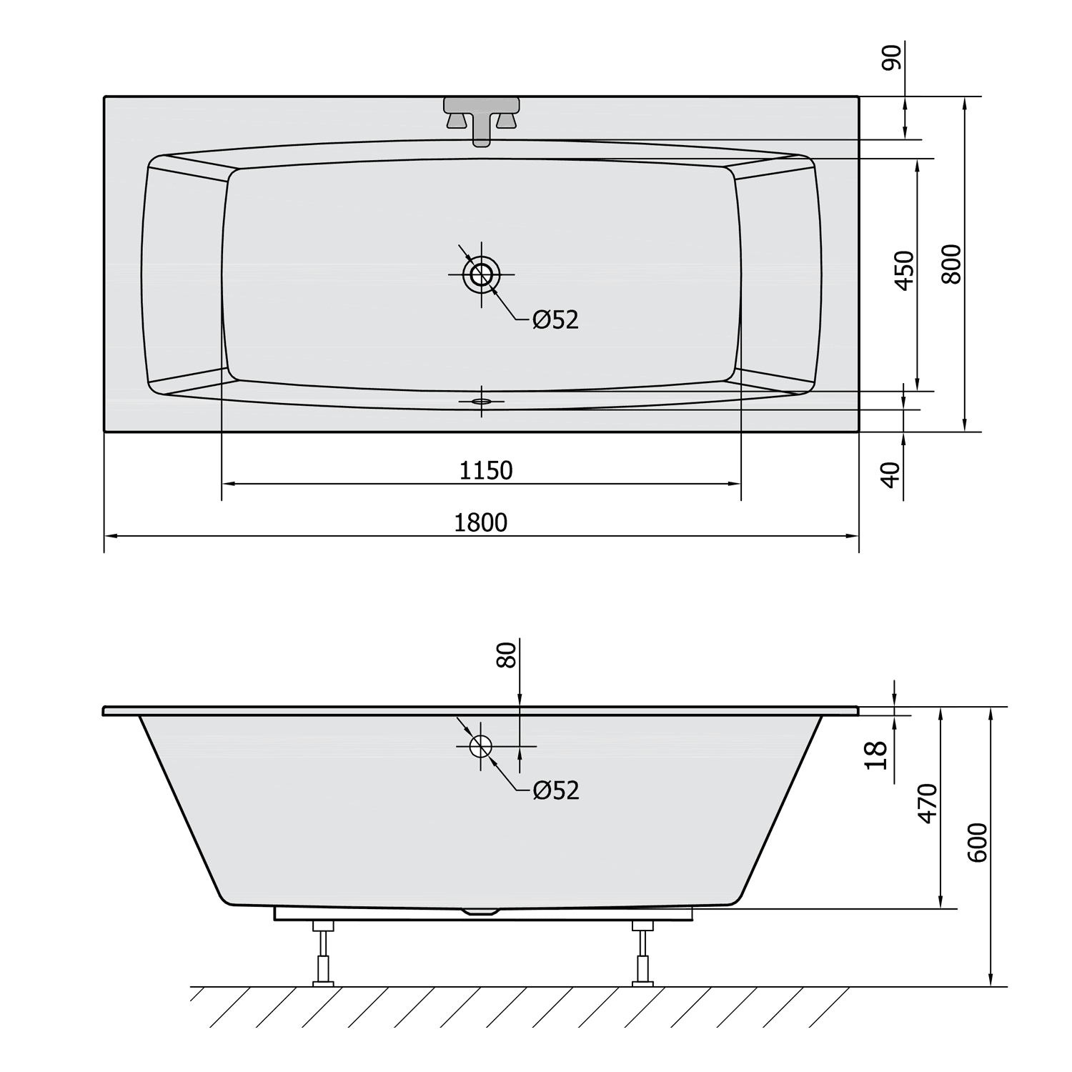 KVADRA SLIM prostokątna wanna akrylowa 180x80 cm