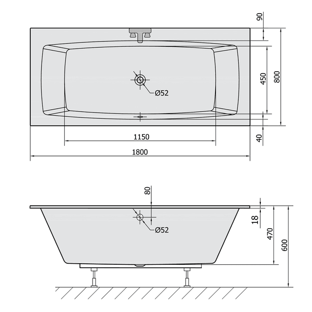 KVADRA SLIM prostokątna wanna akrylowa 180x80 cm