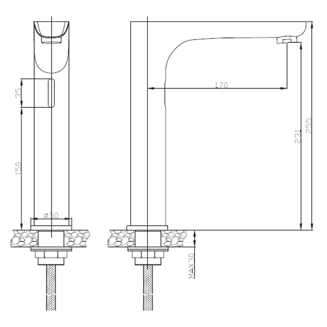 Bateria sensorowa umywalkowa wysoka 230V/6V, chrom