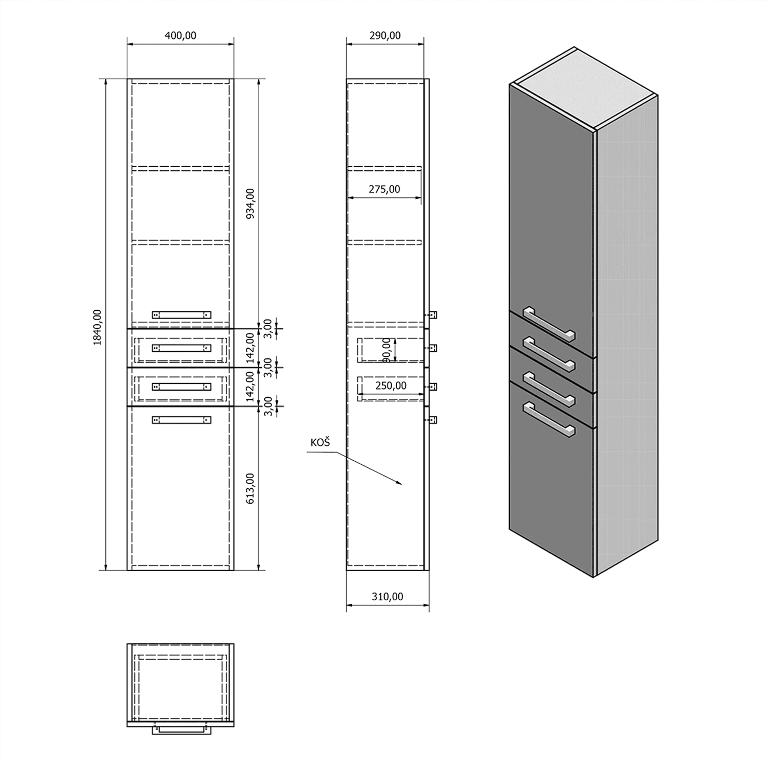 VEGA Szafka wysoka z koszem 40x184x31cm dąb platin