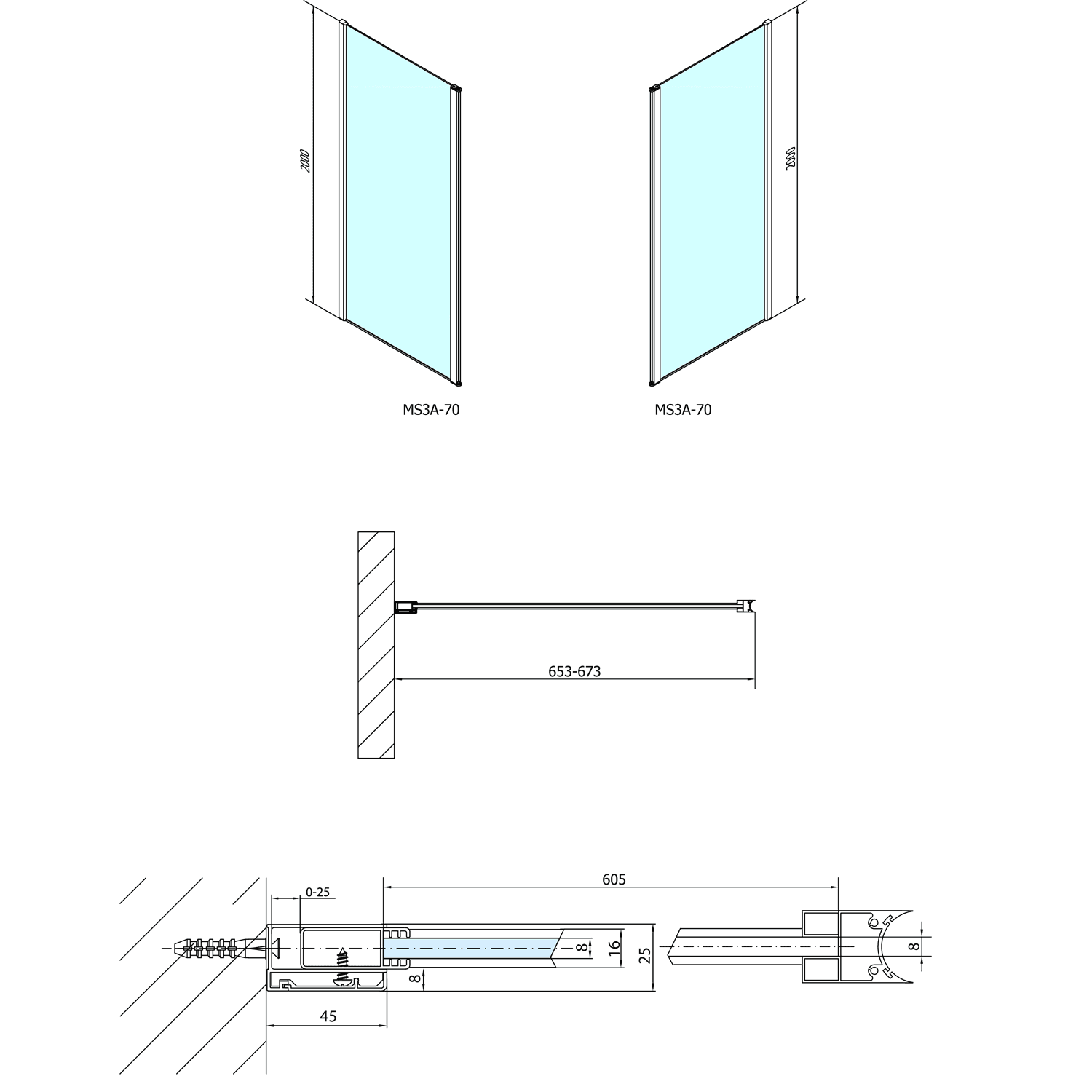 MODULAR SHOWER ścianka do panelu obrotowego 700 mm