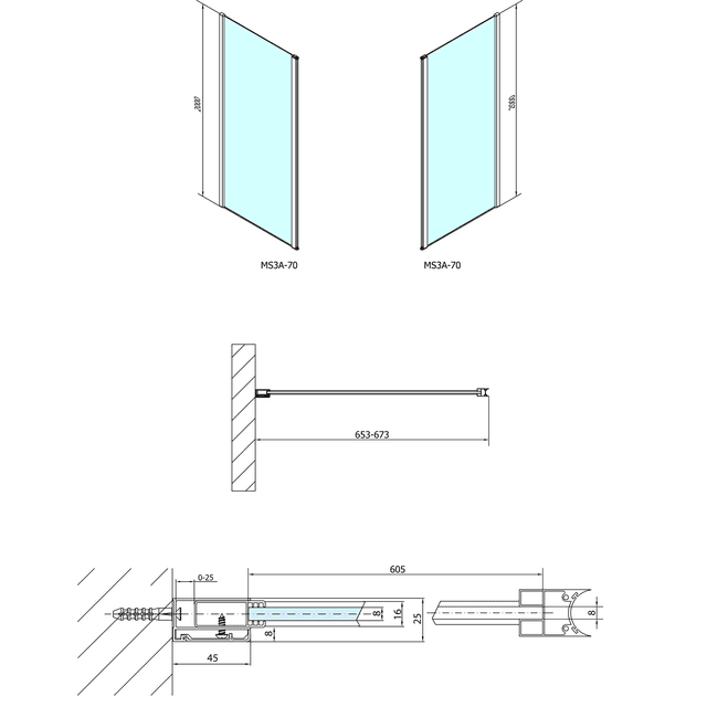 MODULAR SHOWER ścianka do panelu obrotowego 700 mm