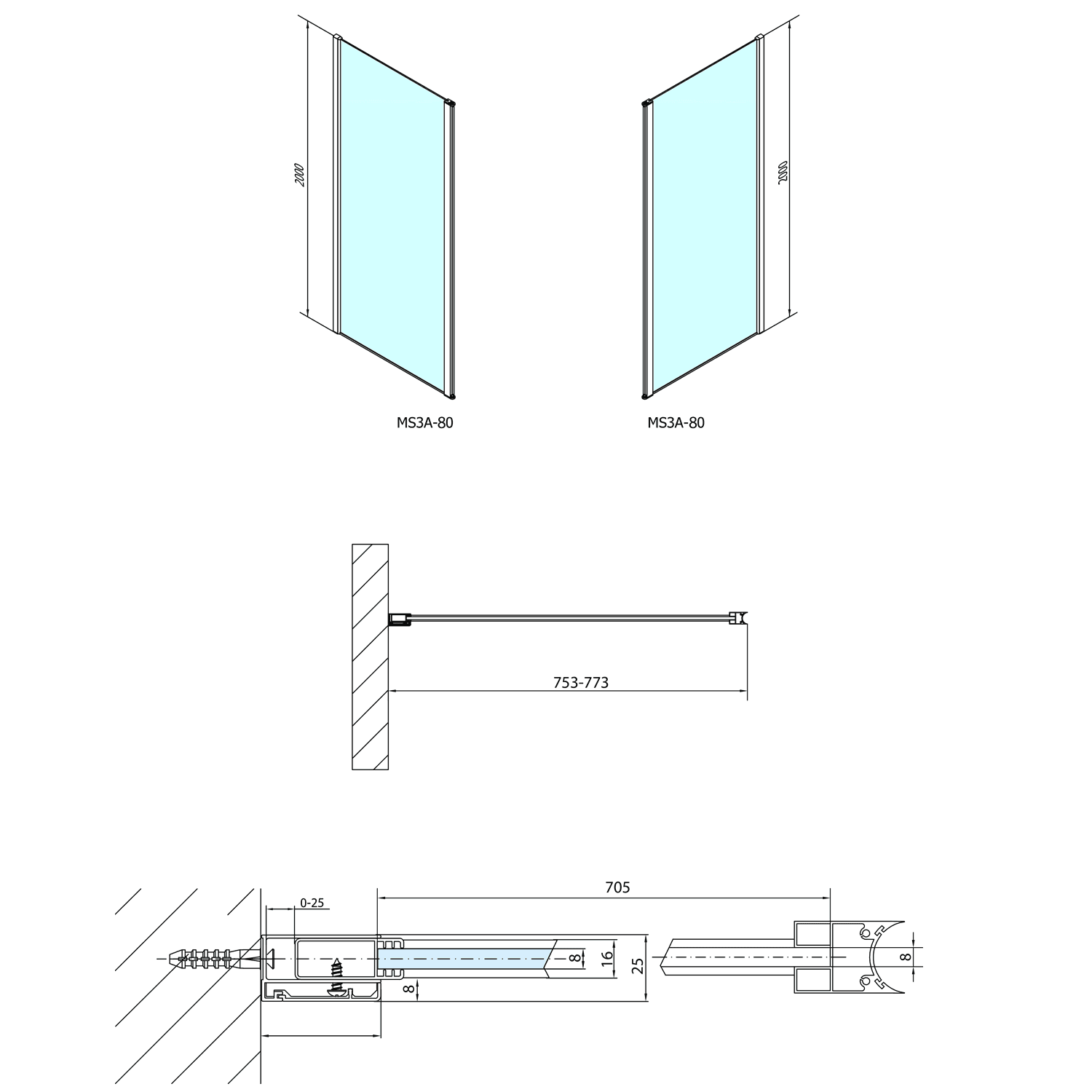 MODULAR SHOWER ścianka prysznicowa obrotowa, 800 mm