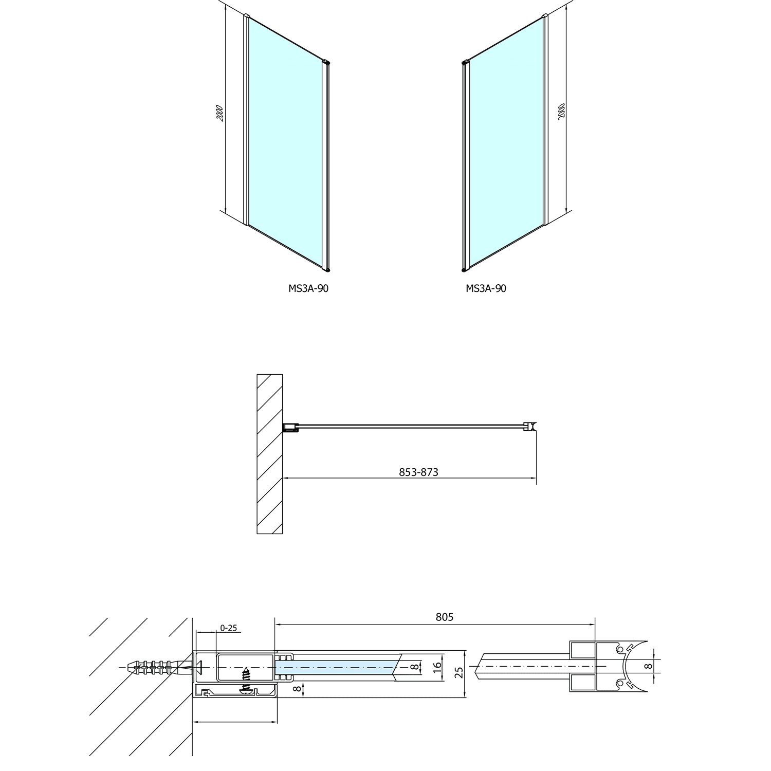 MODULAR SHOWER ścianka do panelu obrotowego 900 mm