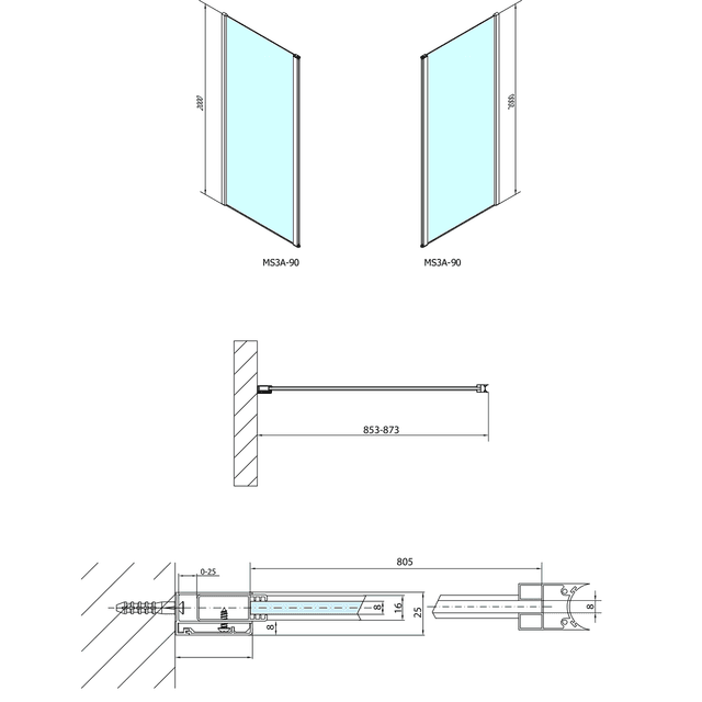 MODULAR SHOWER ścianka do panelu obrotowego 900 mm