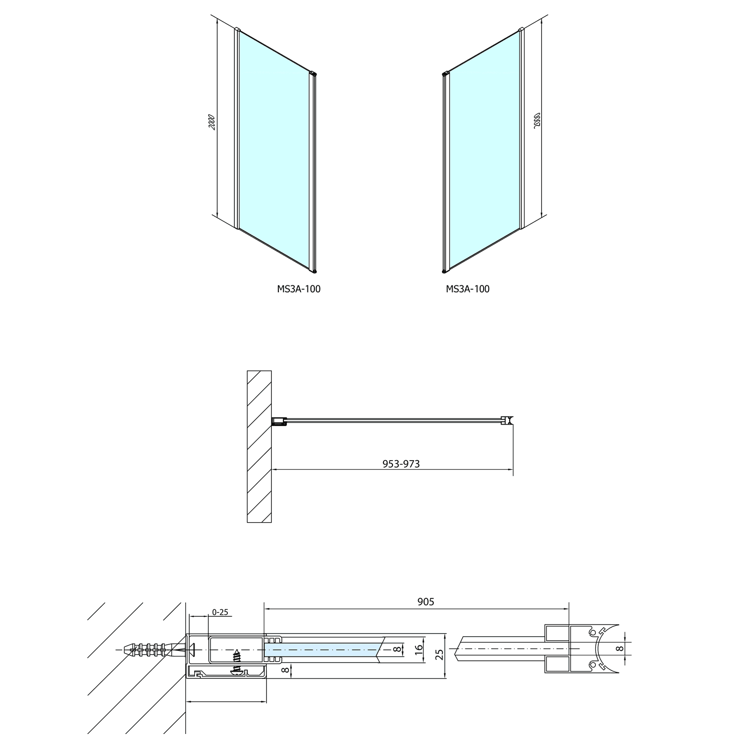 MODULAR SHOWER ścianka do panela obrotowego 1000 mm