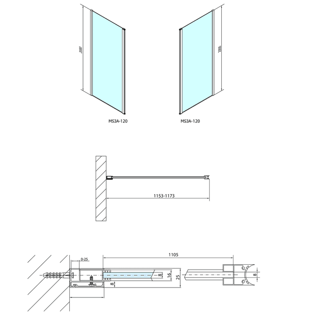 MODULAR SHOWER ścianka do panelu obrotowego, 1200 mm
