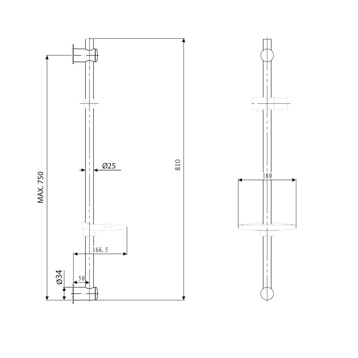 Drążek prysznicowy z mydelniczką, 810mm chromowany