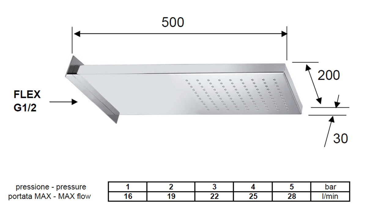 Deszczownia ścienna 500x200x30mm, stal nierdzewna polerowana