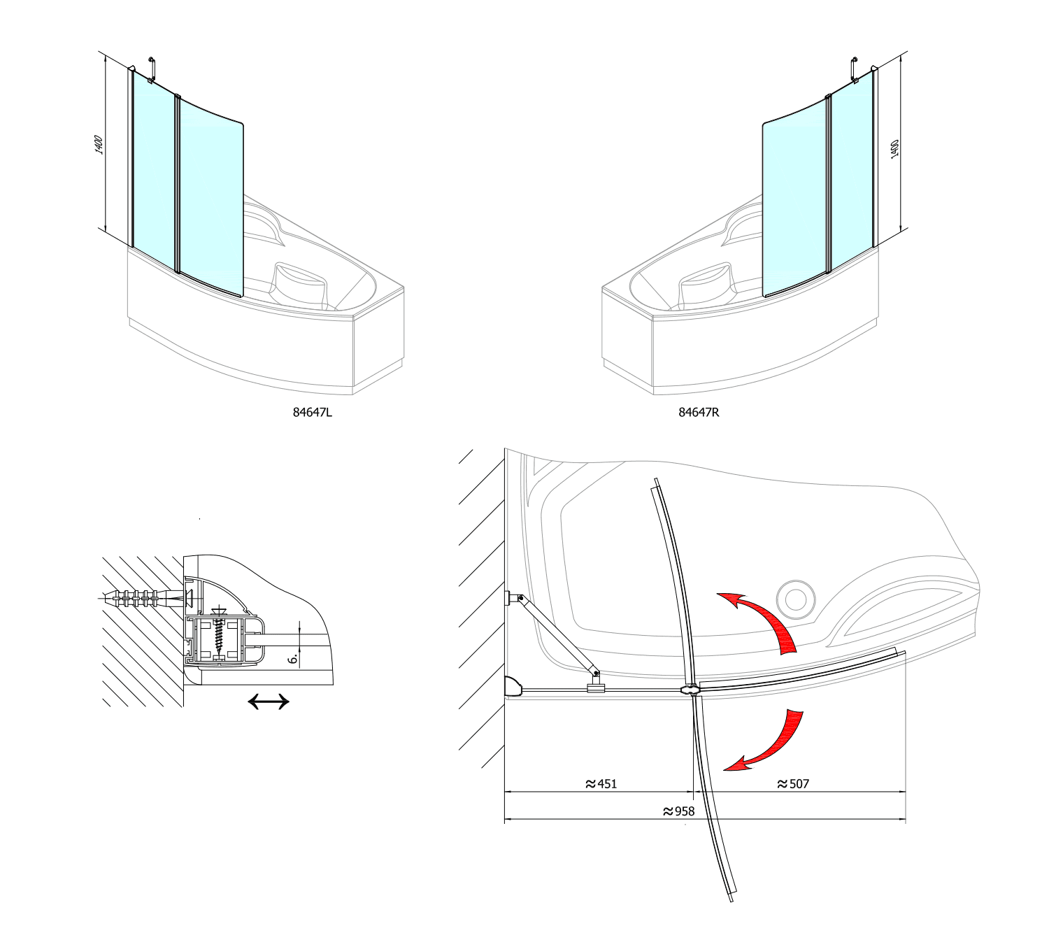 TARUS parawan wannowy 960mm, bezramkowy, szkło czyste