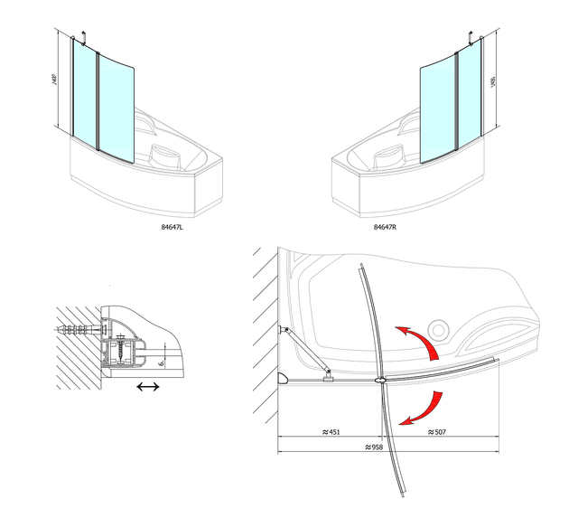 TARUS parawan wannowy 960mm, bezramkowy, szkło czyste