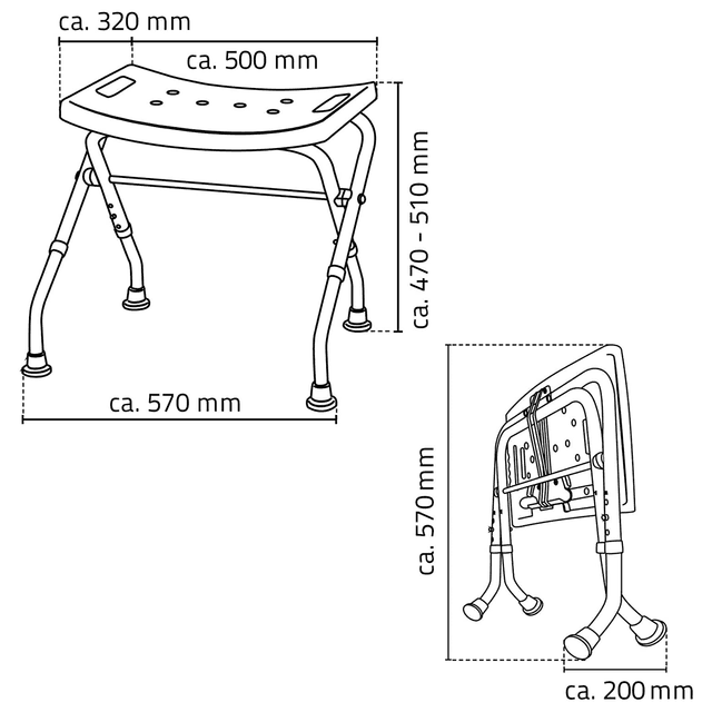 Składany taboret łazienkowy, regulowana wysokość 470-510 mm