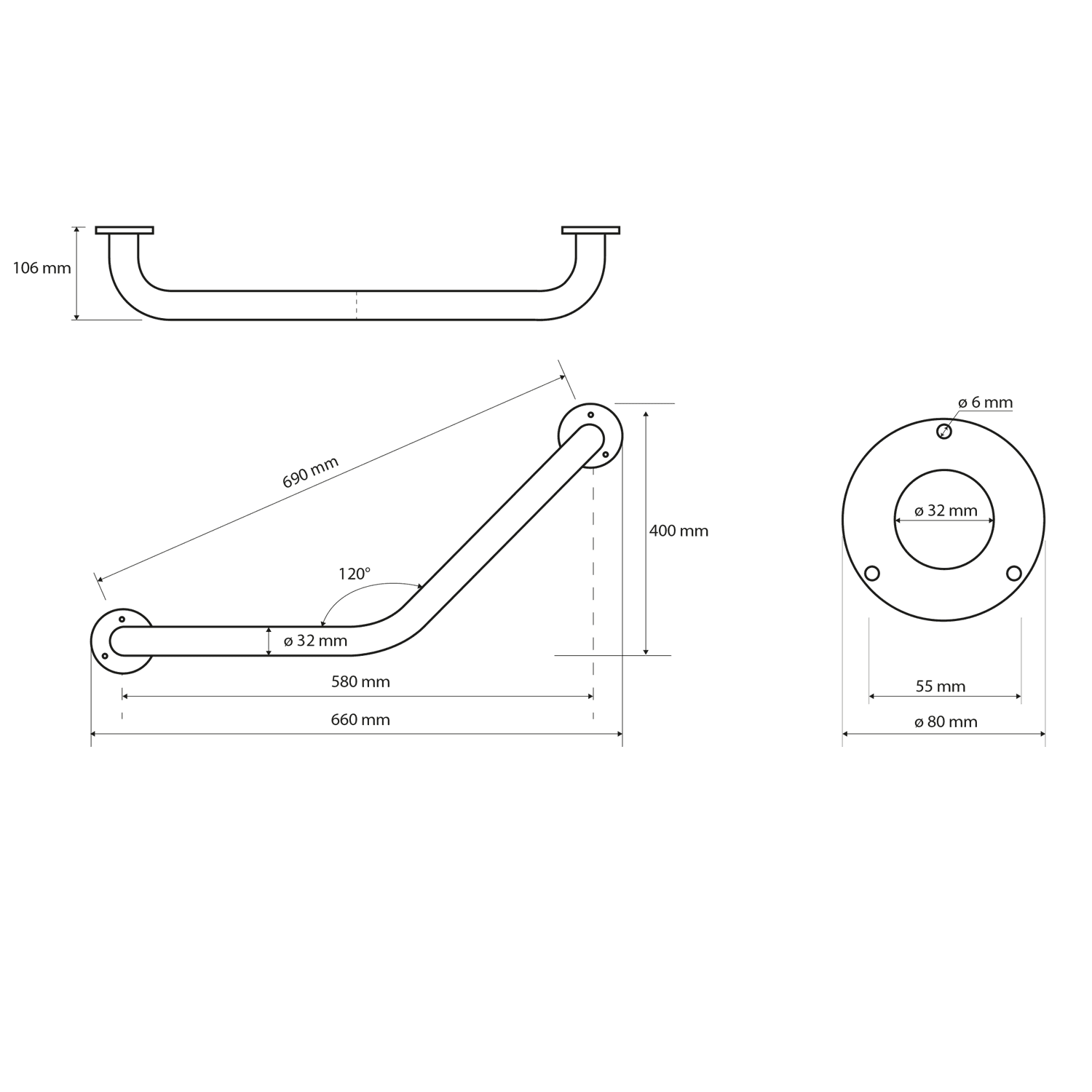 HANDICAP Poręcz 120° 400mm, biały uchwyt dla niepełnosprawnych