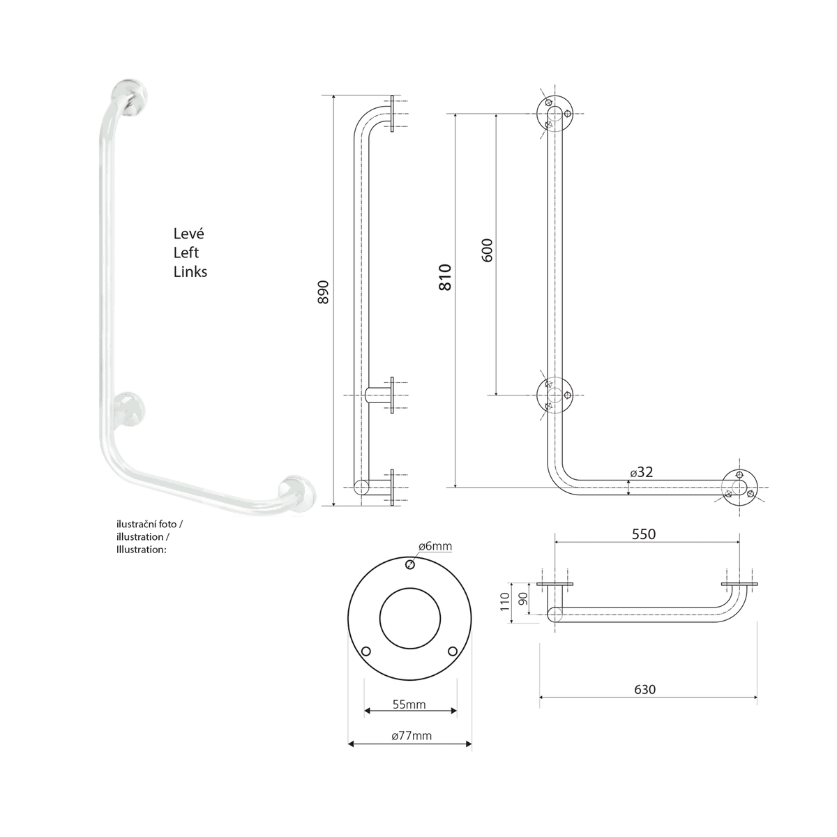 Poręcz kątowa lewa 810x550mm, biała (301112044)