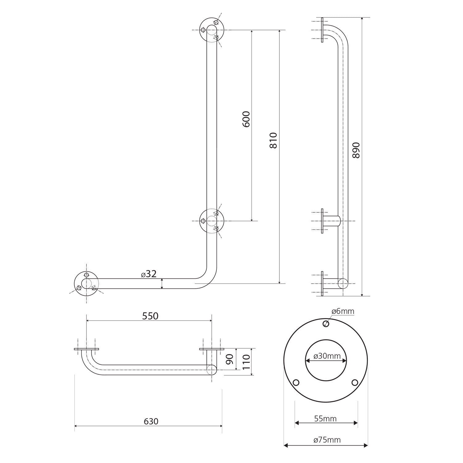 Poręcz kątowa PRAWA 810x550mm biała (301122044)