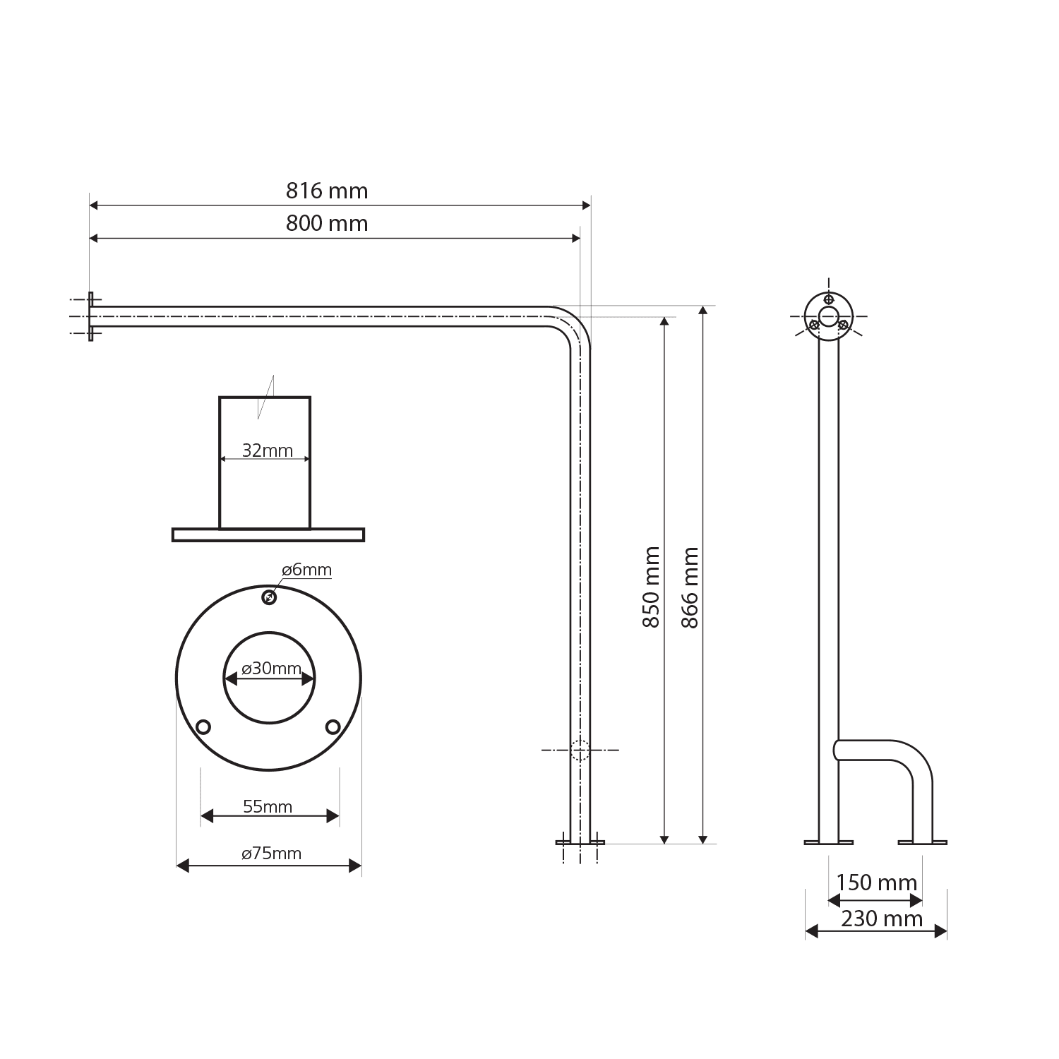 HANDICAP poręcz wspierająca prawa 800x850 mm, biały