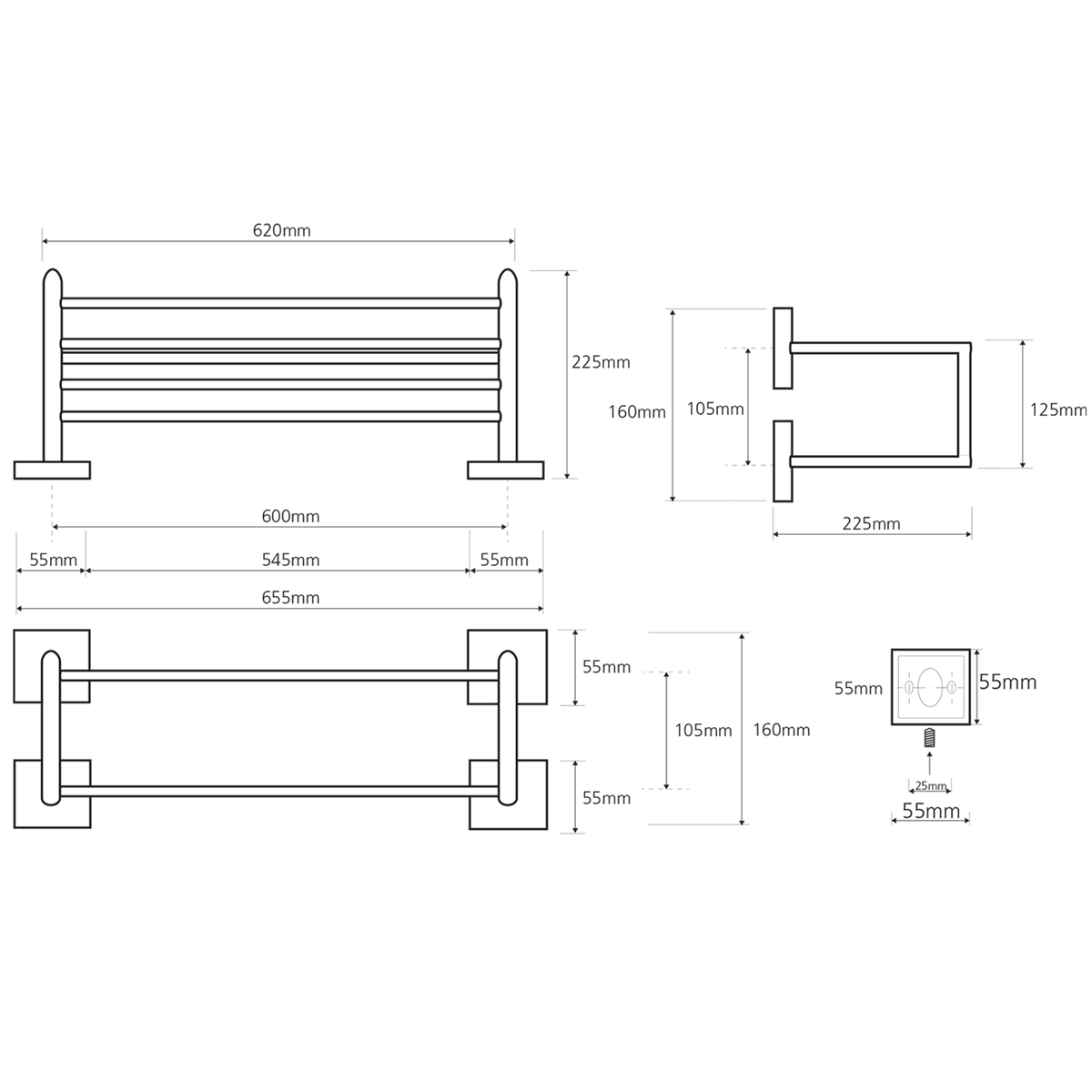 X-SQUARE półka na ręczniki z relingiem, chrom 650x155mm
