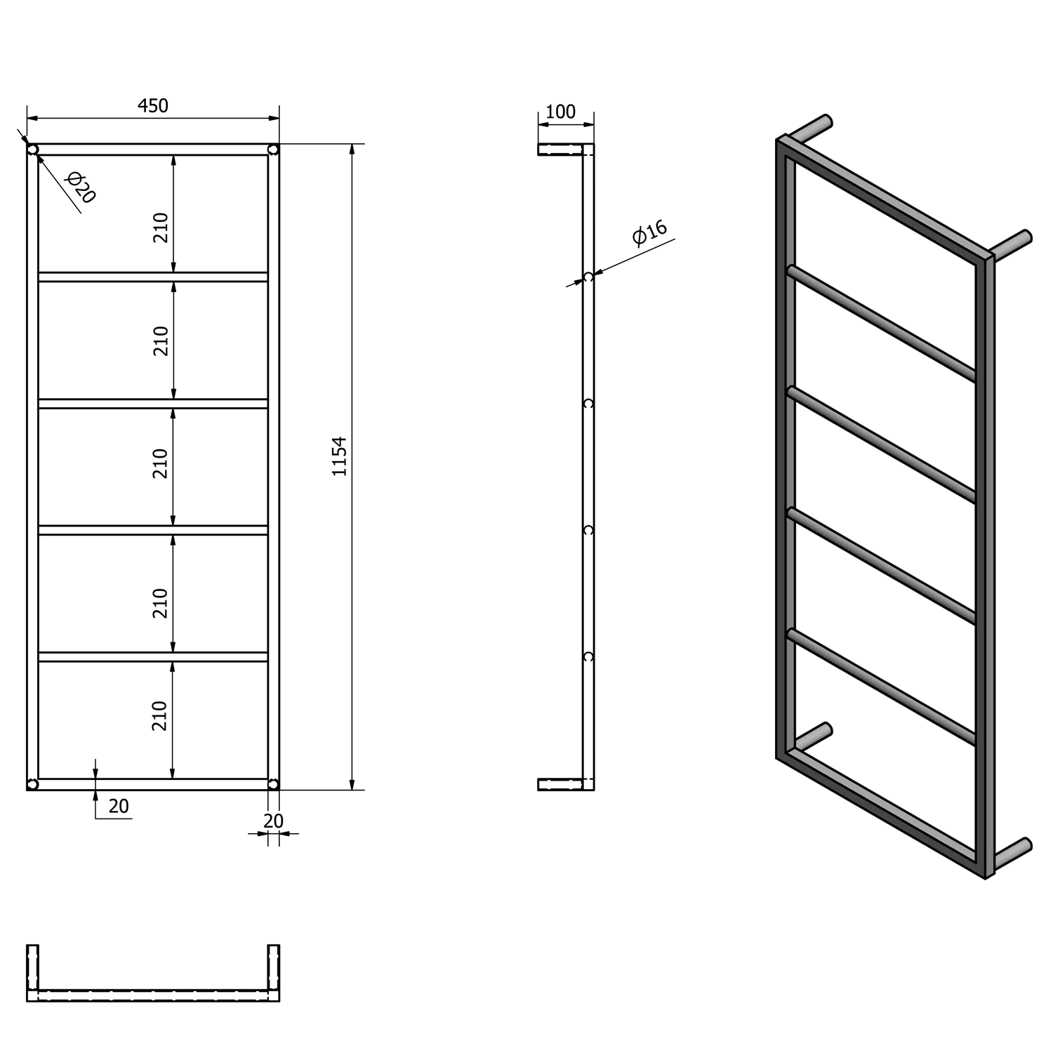 SKA wieszak na ręcznik, matowy biały 450x1150x100mm