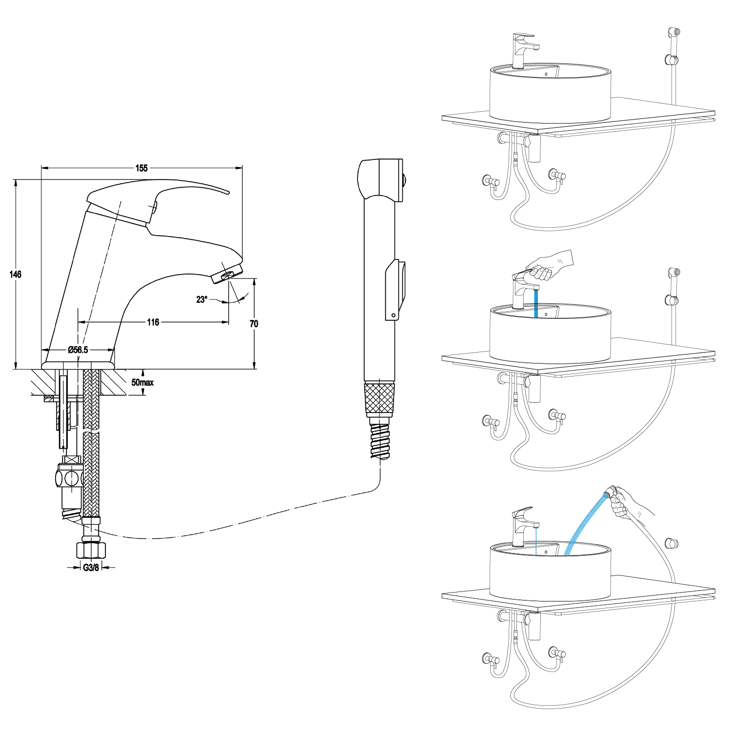 Bateria umywalkowa z prysznicem bidetowym, chrom (3694)