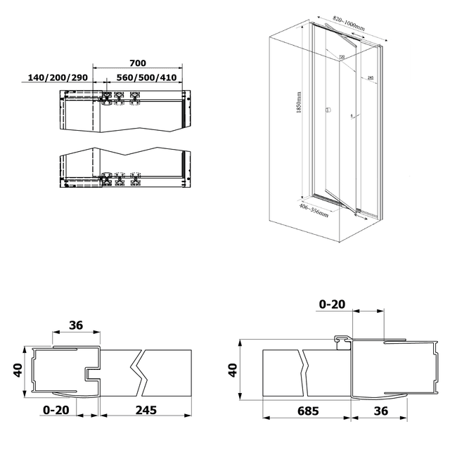 AMICO drzwi wnękowe uchylne 820-1000x1850mm z szkła