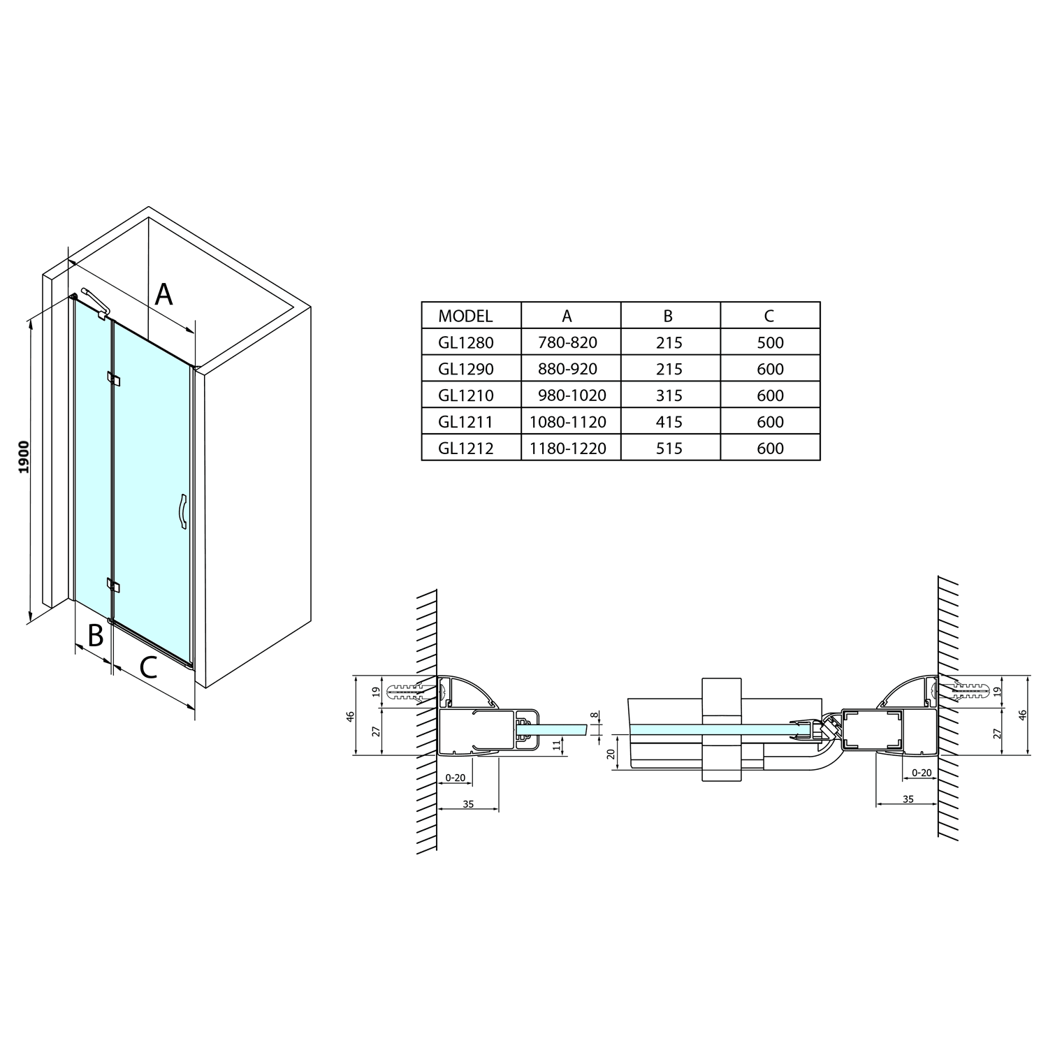 LEGRO drzwi prysznicowe 1100mm z Coated Glass