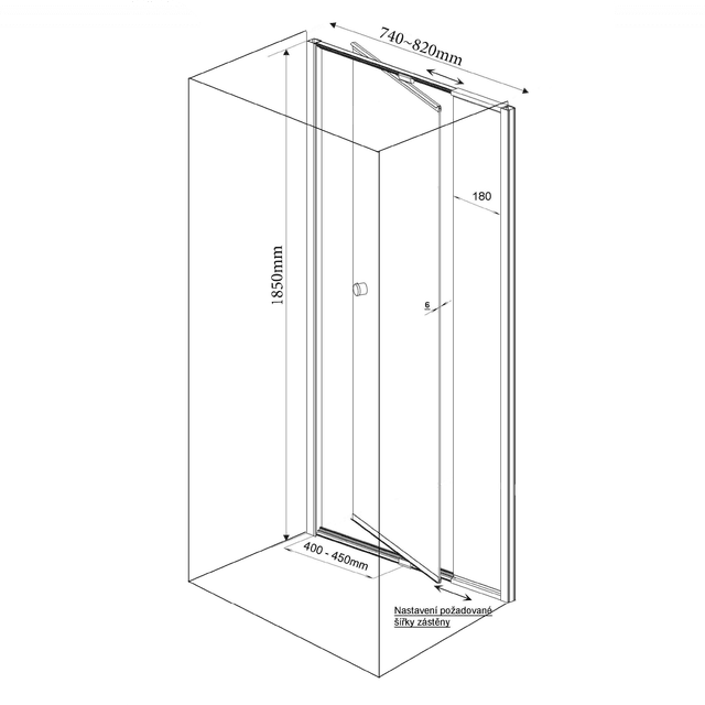 AMICO drzwi prysznicowe uchylne 740-820x1850mm, szkło bezpieczne