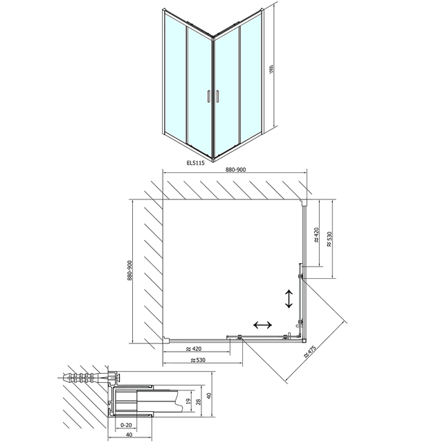 EASY LINE kabina prysznicowa narożna 900x900 mm, szkło czyste