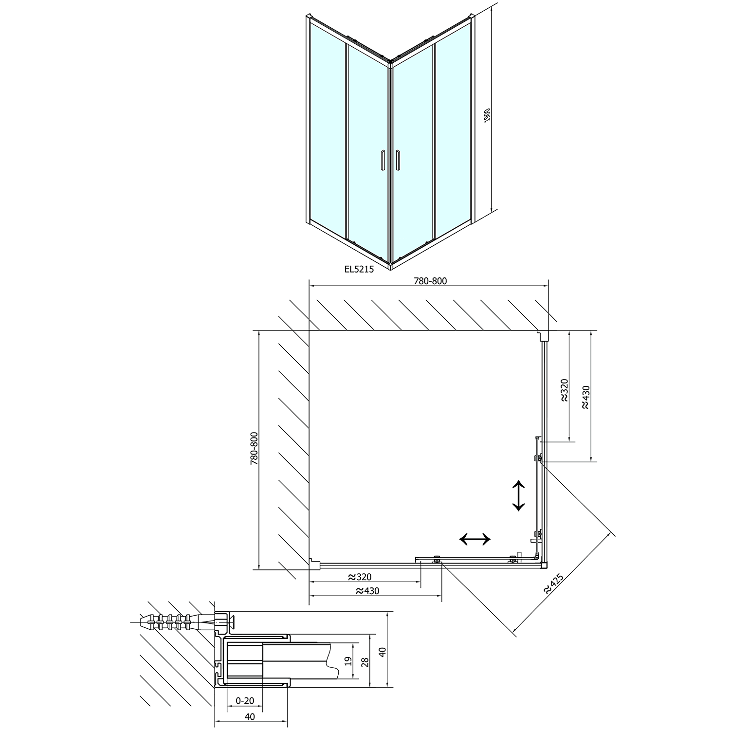 EASY LINE narożna kabina prysznicowa 800x800mm, szkło hartowane