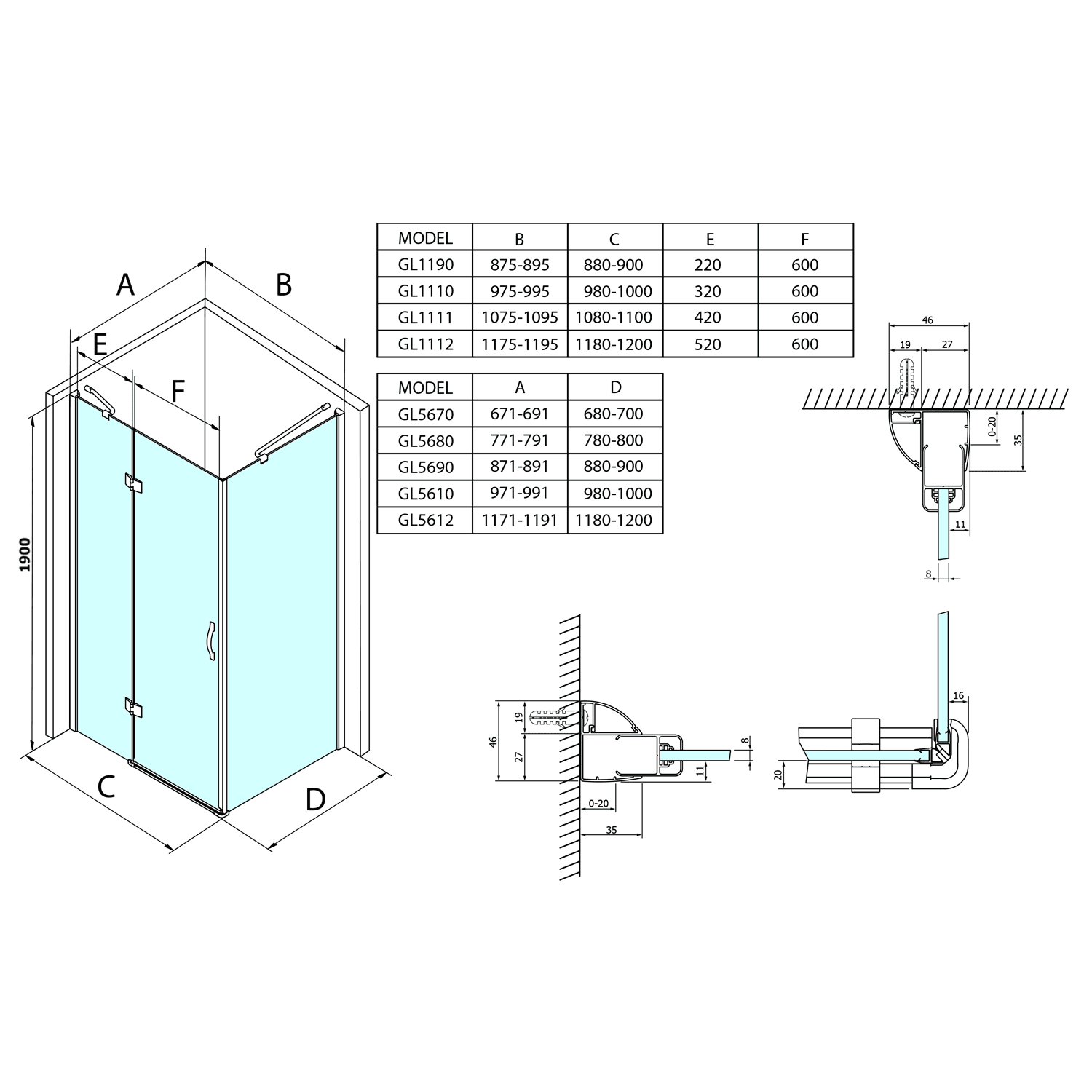 LEGRO ścianka boczna do kabiny prysznicowej 800mm, szkło COATED GLASS