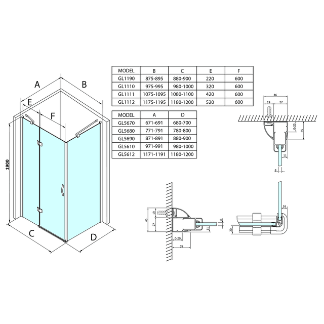 LEGRO ścianka boczna do kabiny prysznicowej 800mm, szkło COATED GLASS