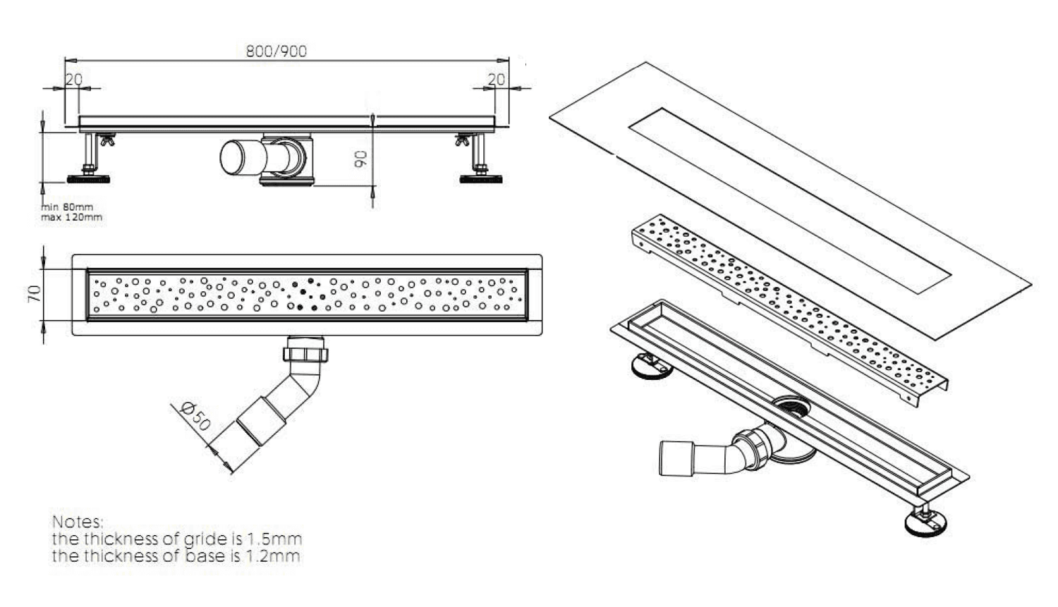 BUCANERA odpływ liniowy z rusztem 900x110 mm