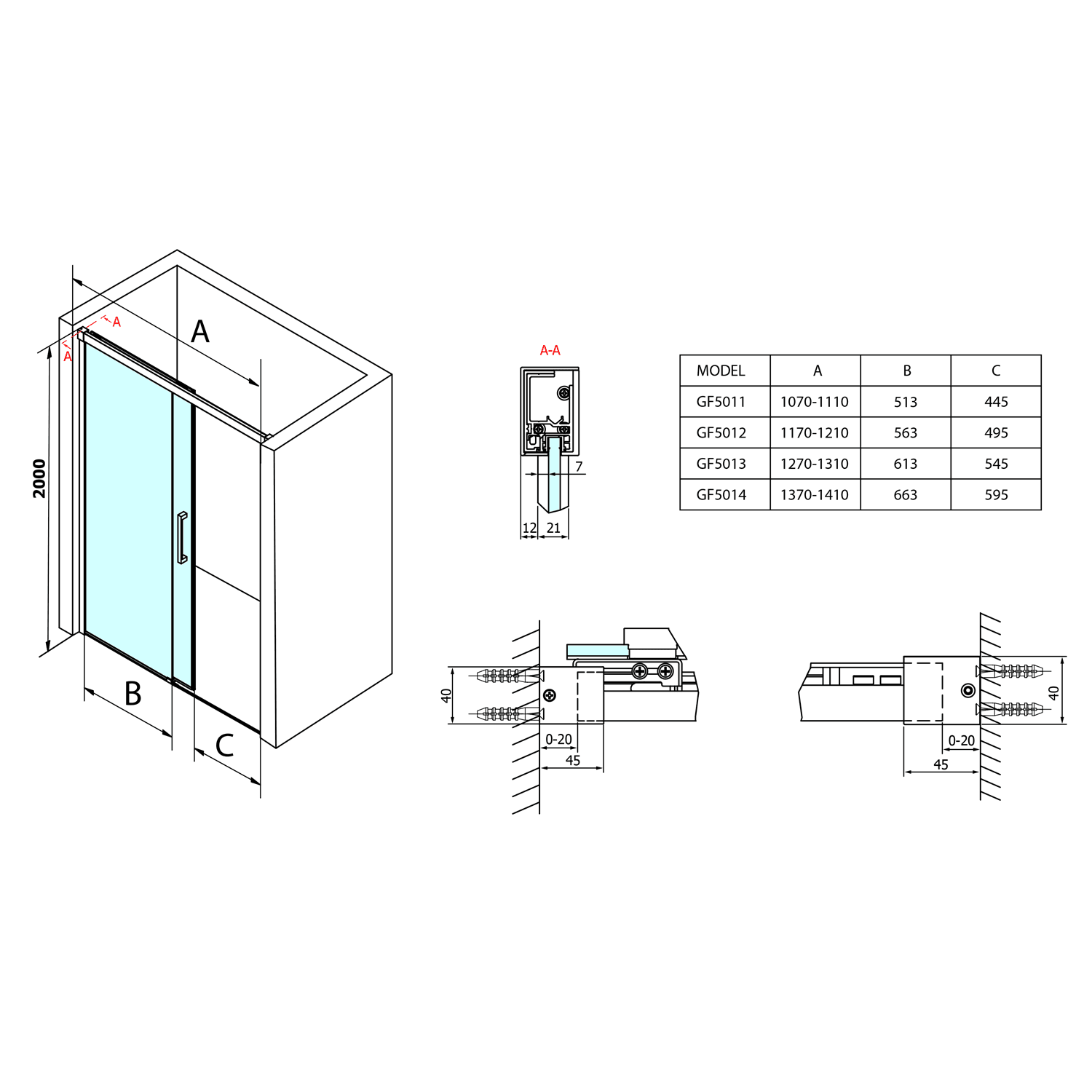 FONDURA drzwi prysznicowe przesuwne 1300mm, szkło COATED GLASS